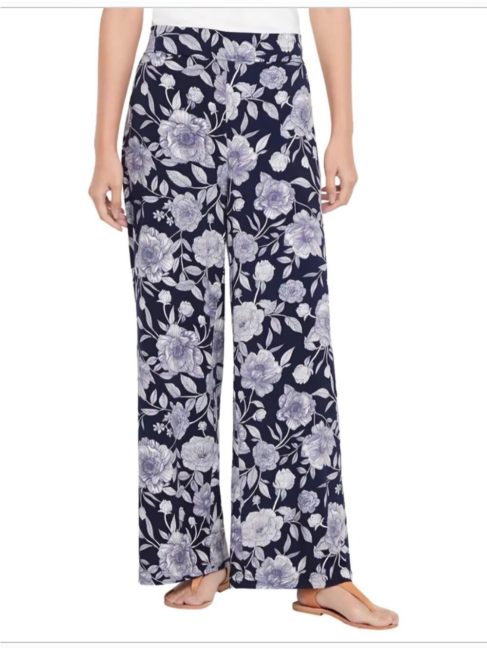 Three Dots Floral Wide-Leg Pull-On Pants, Navy/White Size XL, NWT